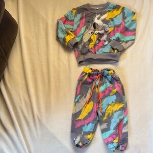 Kids Multicolor Feather-Print Joggers w/ Matching Sweatshirt